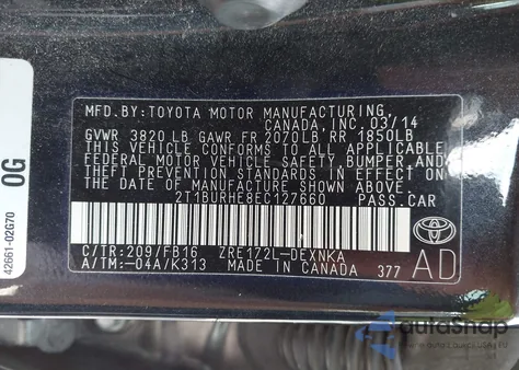 2014 Toyota Corolla Le из США, поврежденный, VIN 2T1BURHE8EC127660